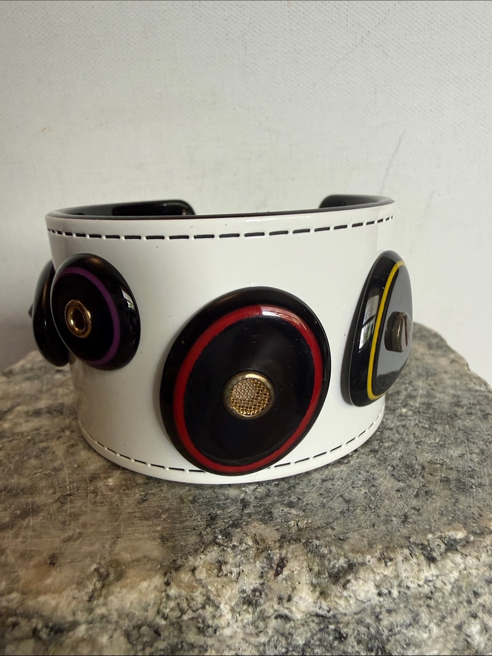 White Wide Cuff Bracelet with Black and Blue Accents